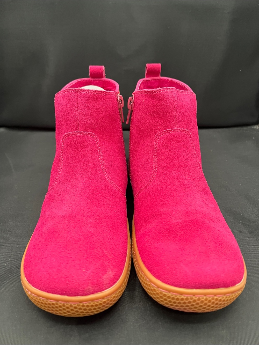 Livie & Luca Bright Fuchsia Suede Ankle Boots with Tan Heel - Picture 2 of 7